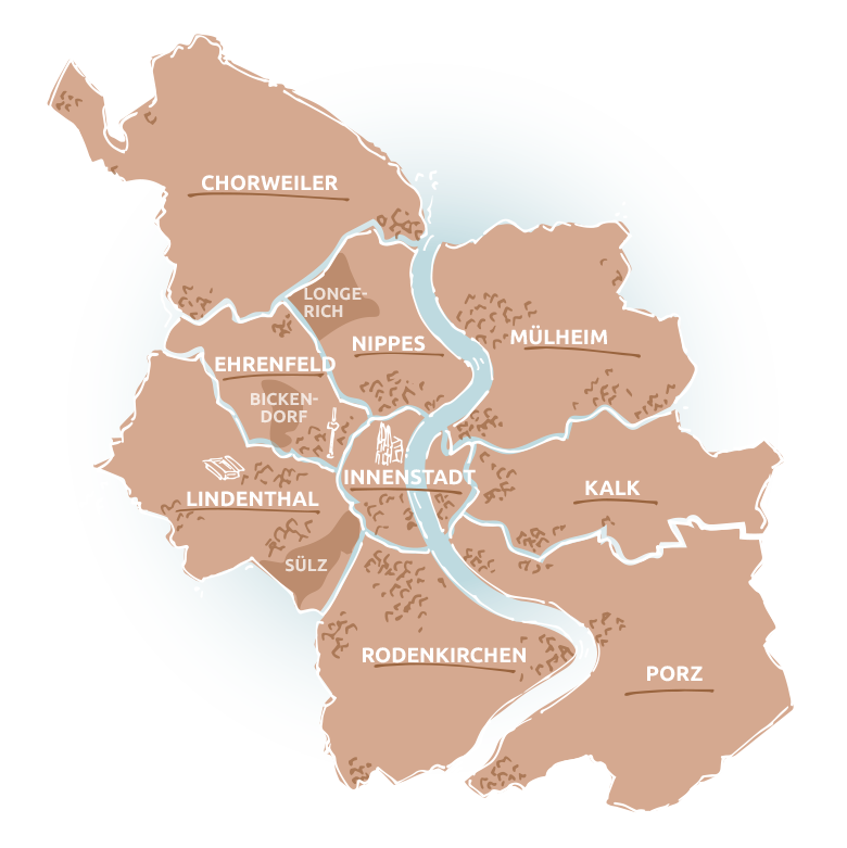 eine stilisierte Karte von Köln mit der Einteilung aller Stadtteile